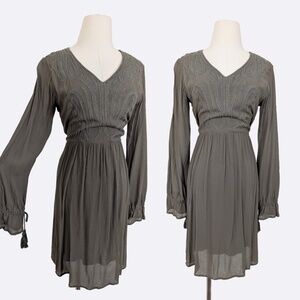 EDC Mini Dress Olive Khaki Green V-Neck Balloon Sleeve Embroidered Long Sleeve